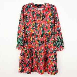 Emily Lovelock Floral Mini Dress Size S Organic Cotton Long Sleeve Relaxed Fit
